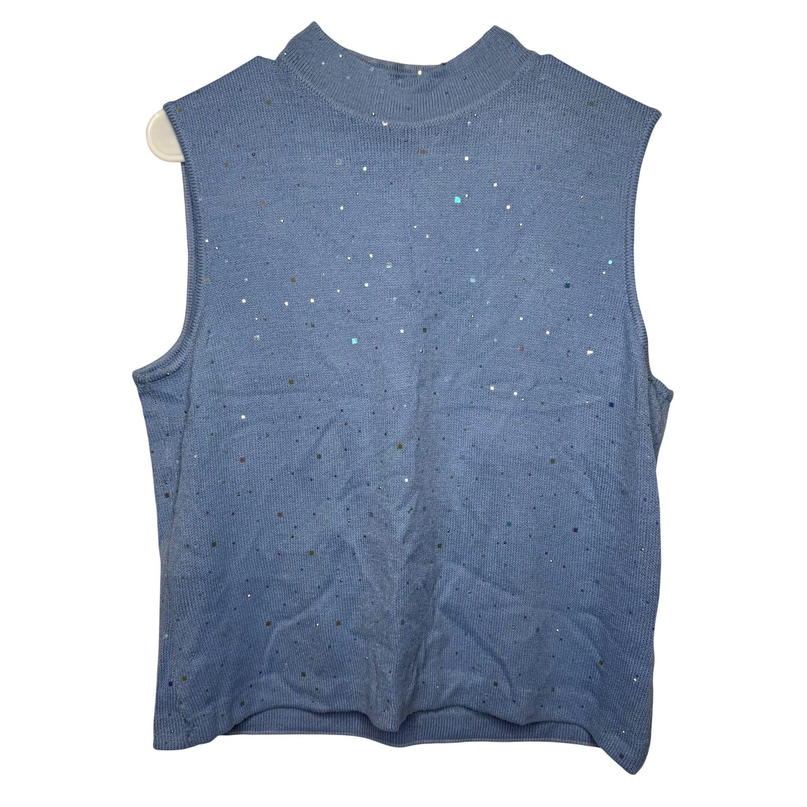 St John Mock Neck Sleeveless Knit Top Blue Iridescent Sequin Periwinkle Womens M